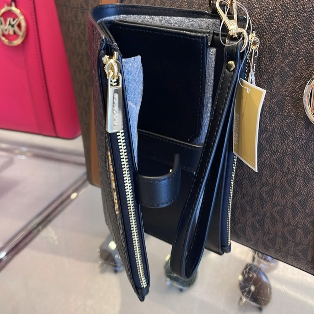 MICHAEL KORS JST LG DOUBLE ZIP WRISTLET WALLET PHONE HOLDER BLACK MULTI NWT
